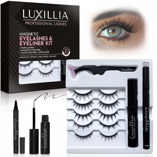 Luxillia Magnetic Eyeliner & Lashes Kit 10 Piece Set (Clear & Black) – Natural Effect, Reusable Fake Lashes, Strong Hold, No Glue Required